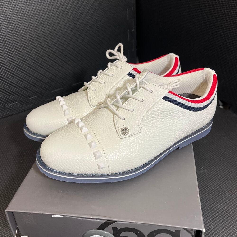 G/FORE White Leather Golf Sneakers with Navy & Red Trim
